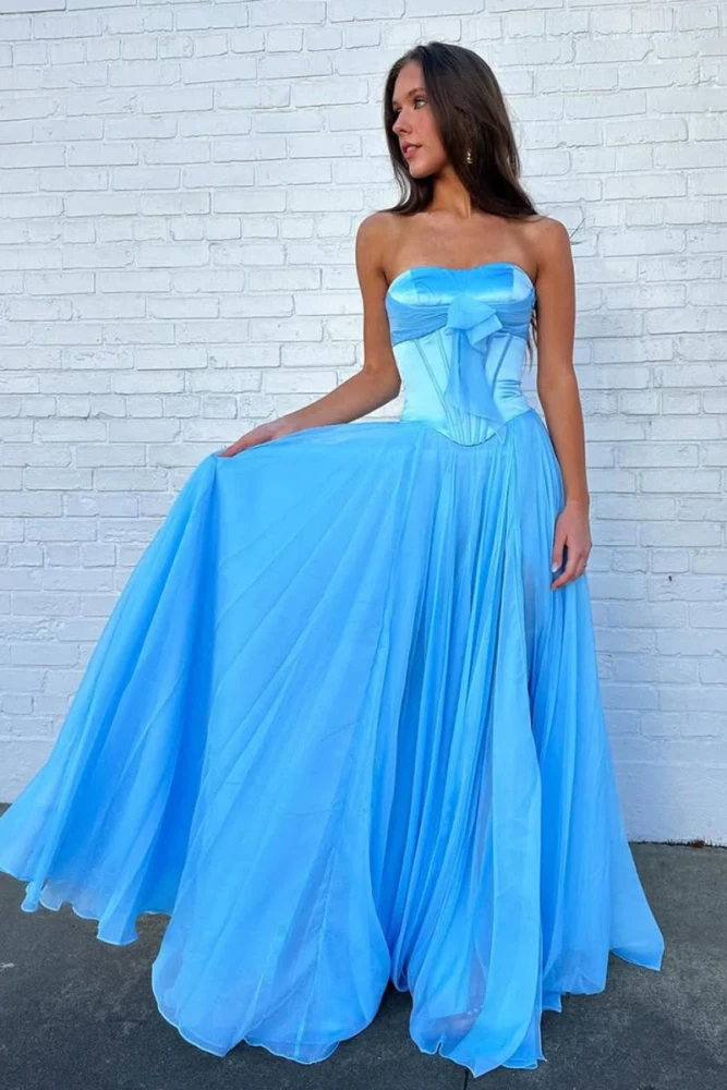 Ivelisse | Blue - A Line Strapless Pleated Chiffon Long Prom Dress with Bow