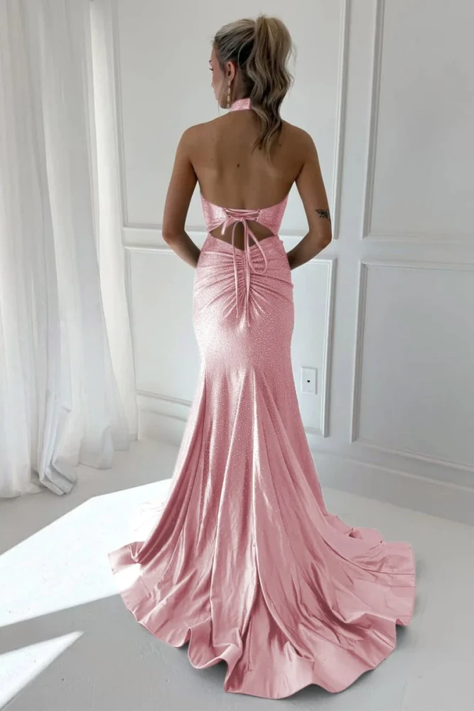 Harlin | Sky Blue - Halter Mermaid Satin Beaded Long Formal Prom Dresses With Slit