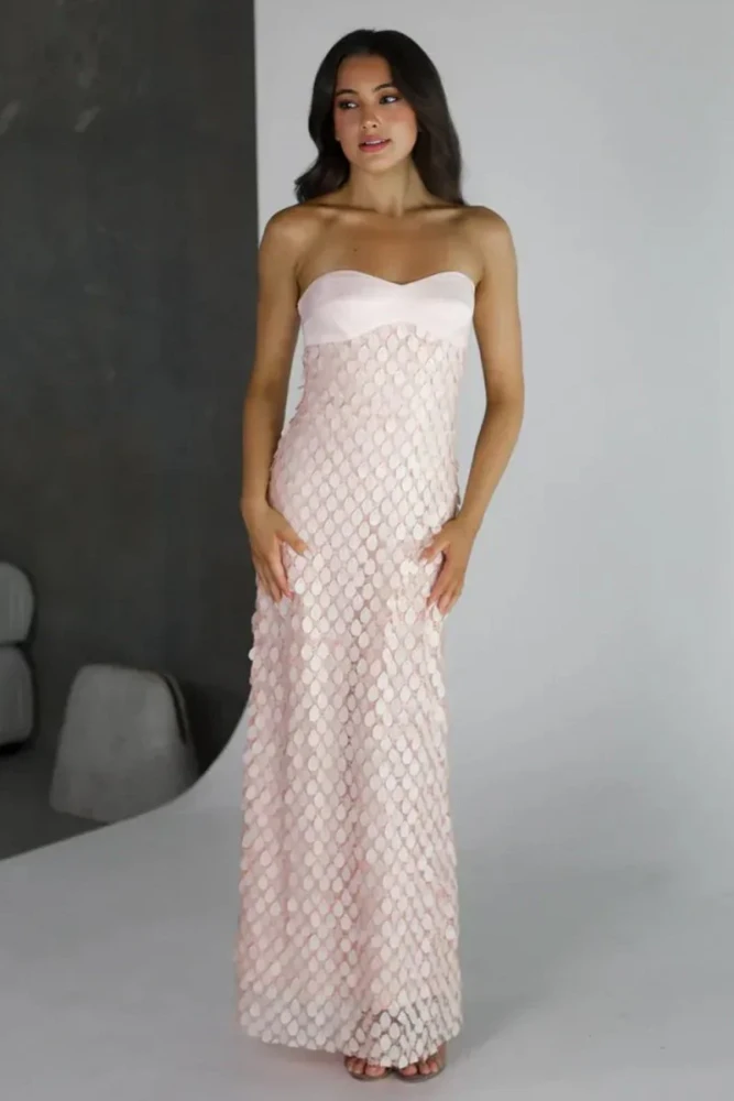 Islen | Pink - Sheath Strapless Long Prom Dresses with Sequins