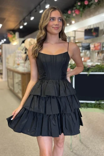 Ivilia | Black Spaghetti Straps Satin A-Line Ruffled Short Corset Homecoming Dress with Bow