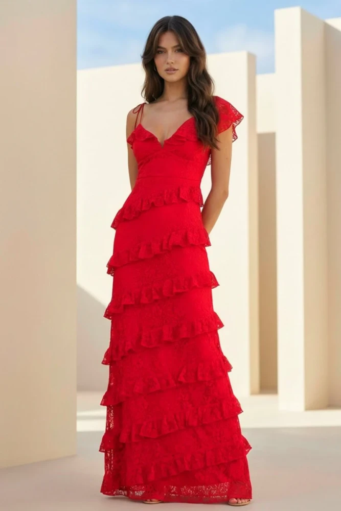 Iverie | Red Sheath V Neck Lace Long Prom Dresses With Ruffles