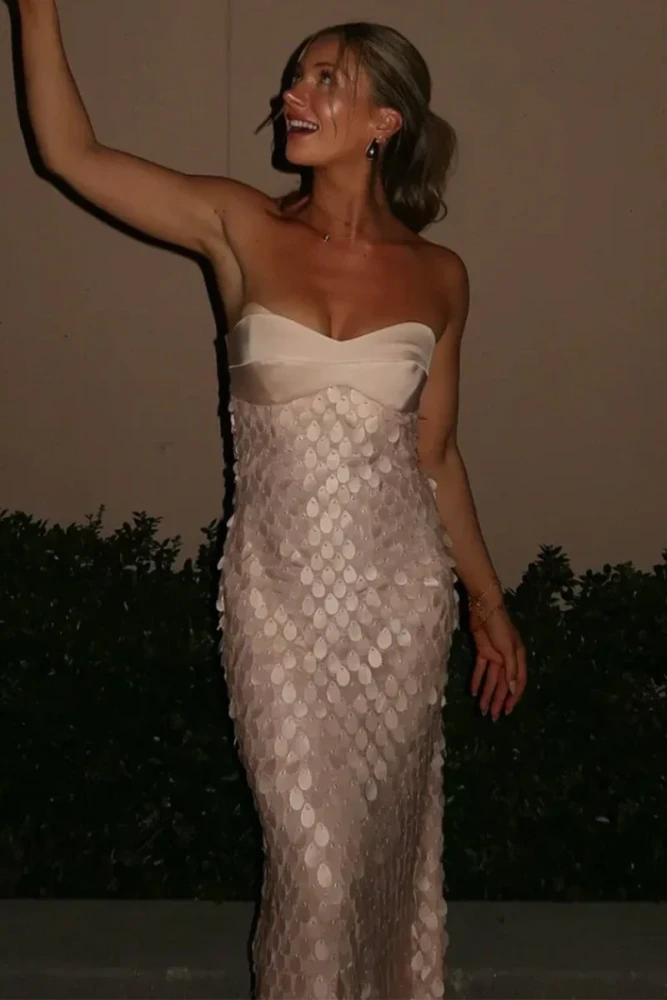 Islen | Pink - Sheath Strapless Long Prom Dresses with Sequins