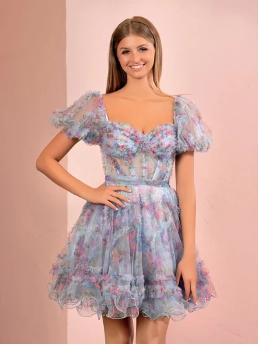 Ivana | Sky Blue A Line Off the Shoulder Printed Homecoming Dress