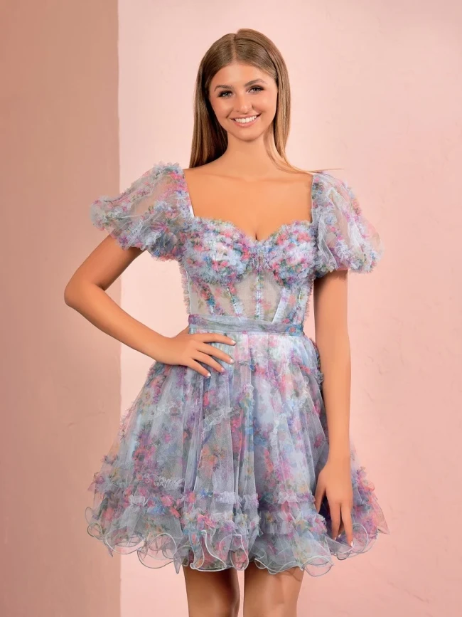 Ivana | Sky Blue A Line Off the Shoulder Printed Homecoming Dress