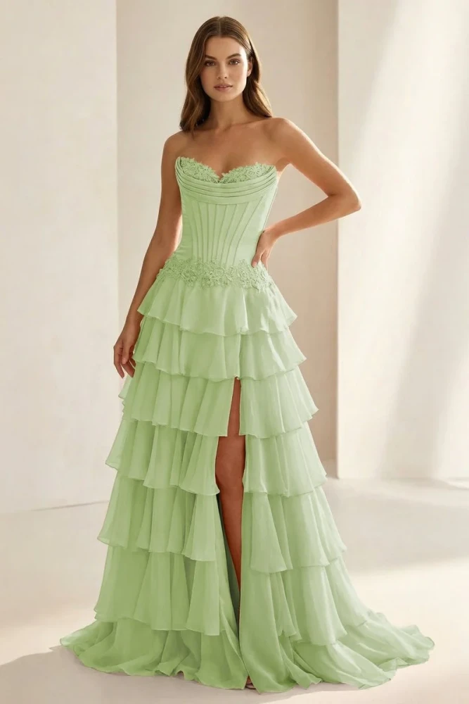 Jaleira | Pink - Sweetheart Chiffon Ruffled A Line Formal Prom Dresses With Appliques
