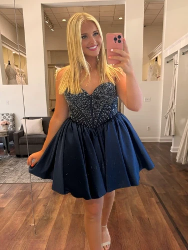 Hira | Navy Blue - Strapless Satin A Line Short Homecoming Dresses With Beading