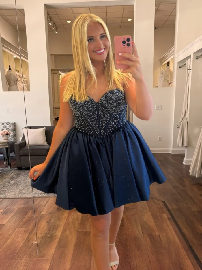 Hira | Navy Blue - Strapless Satin A Line Short Homecoming Dresses With Beading