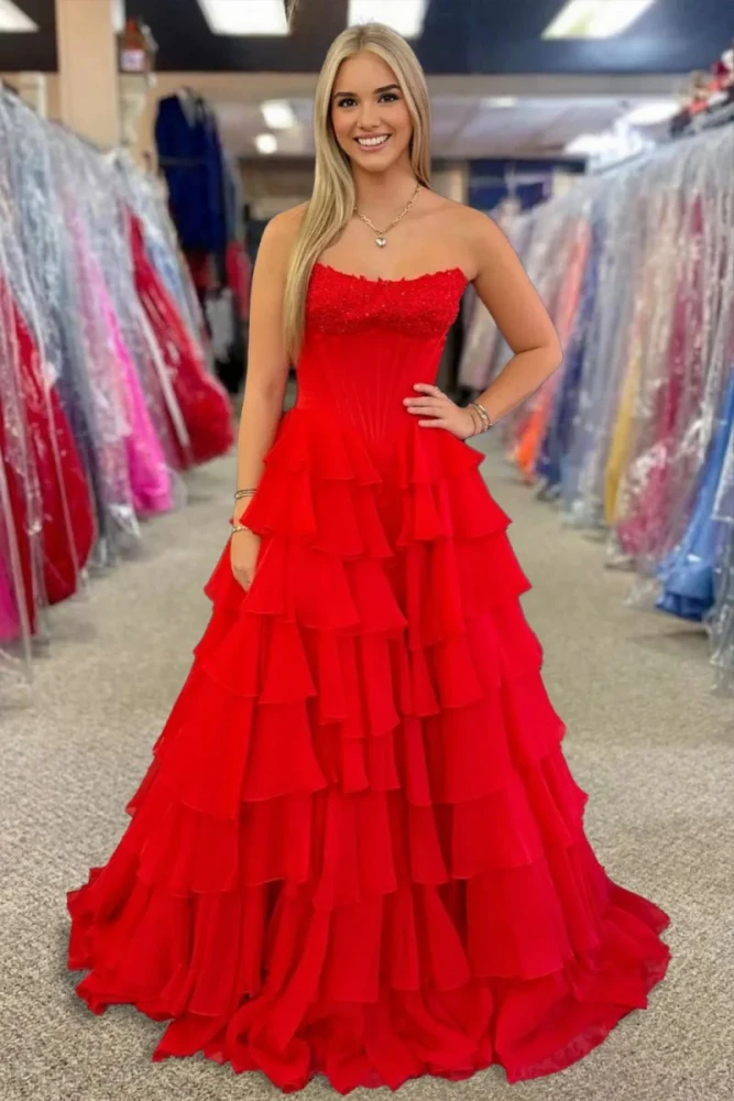 Haliah | Pink - Strapless A Line Chiffon Tiered Prom Dresses With Appliques