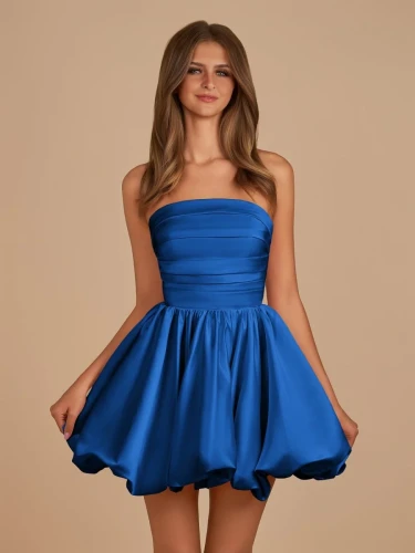 Jani | Royal Blue - A Line Strapless Satin Bubble Hem Short Homecoming Dresses
