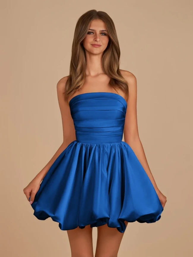 Jani | Royal Blue - A Line Strapless Satin Bubble Hem Short Homecoming Dresses