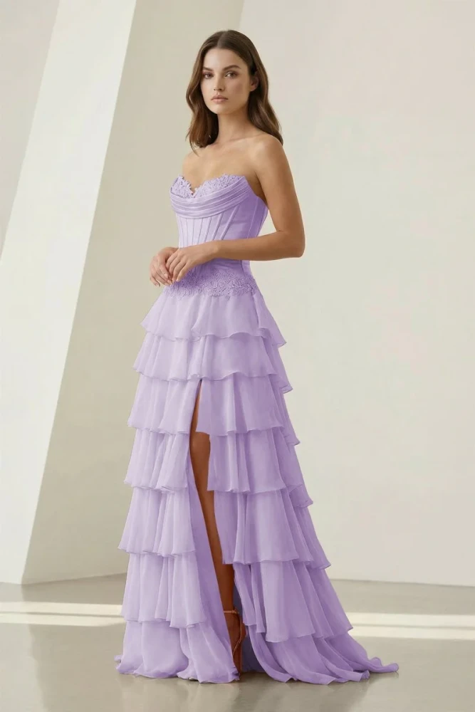 Jaleira | Pink - Sweetheart Chiffon Ruffled A Line Formal Prom Dresses With Appliques