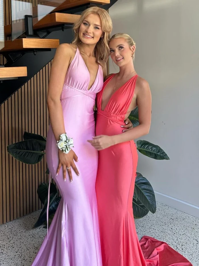 Helaina | Plunge Neck Light Pink Mermaid Satin Long Prom Dress