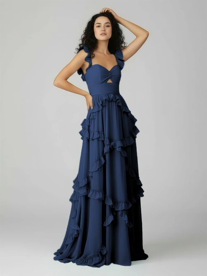 Hubery | A-Line Straps Sky Blue Chiffon Ruffles Long Prom Dress
