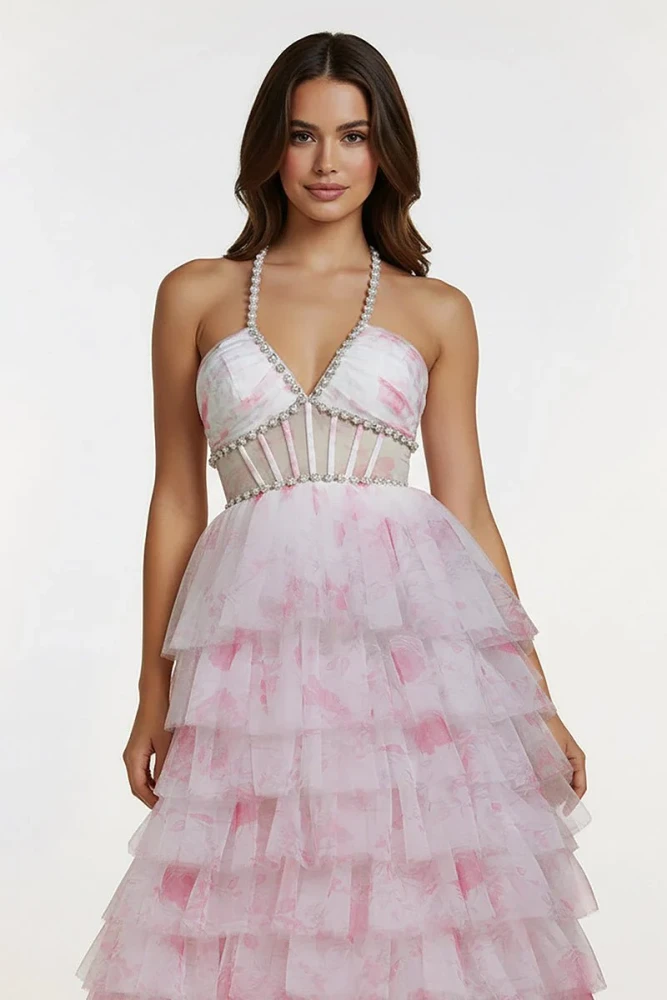 Inari | Pink – A Line Floral Tulle Halter Long Prom Dress with Ruffles and Beading