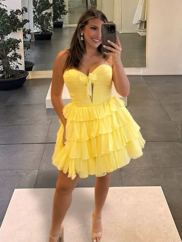 Ilsa | Yellow - Strapless A Line Chiffon Ruffled Cocktail Dresses With Bow
