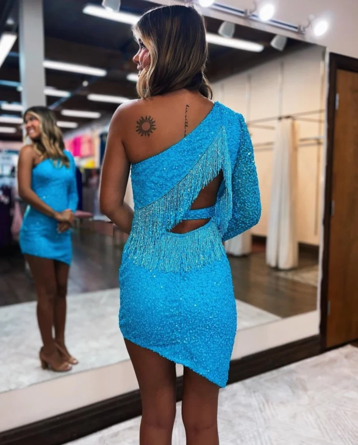 Italee | Fuchsia Bodycon One Shoulder Tassel Back Mini Party Dresses