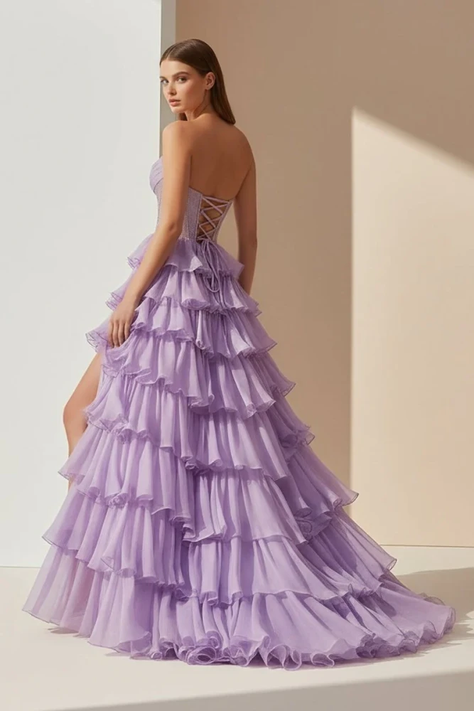 Hanya | Lavender - A Line Strapless Chiffon Beaded Corset Long Prom Dress With Slit