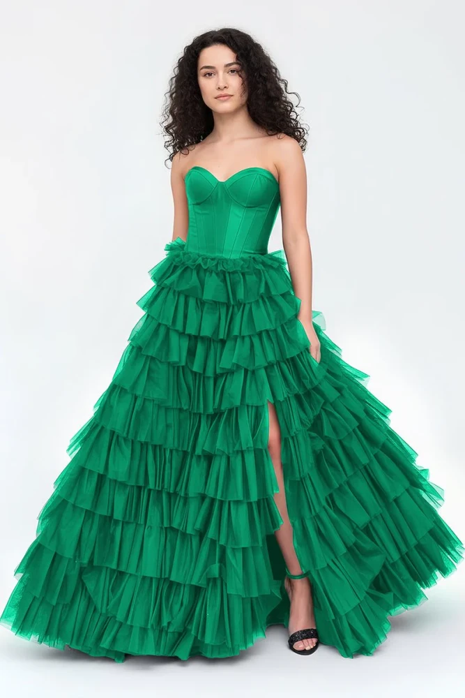 Harmony | A-Line Sweetheart Tiered Tulle Prom Dress with Slit
