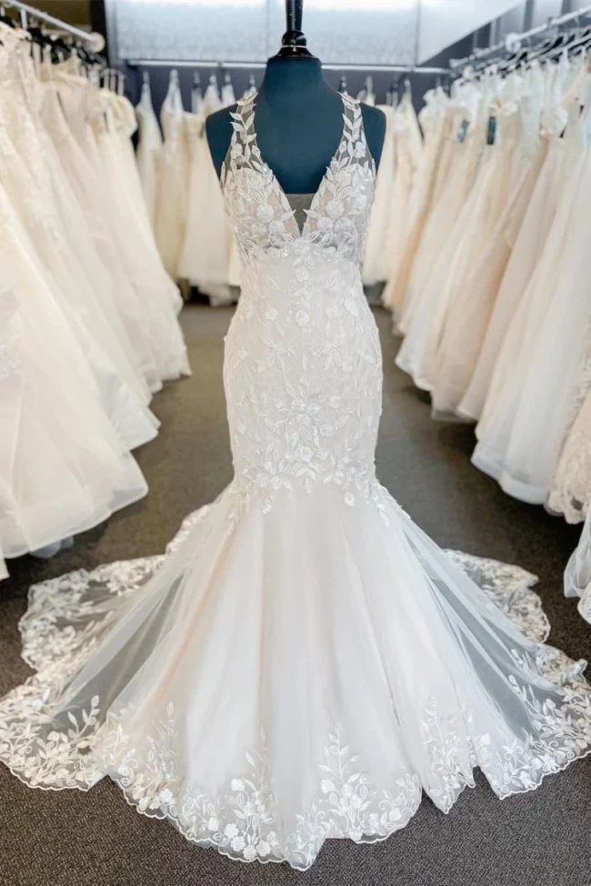 Halter Appliqued White-Nude Mermaid Lace Wedding Dress