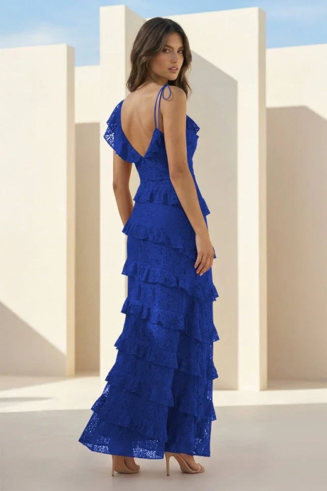 Iverie | Red Sheath V Neck Lace Long Prom Dresses With Ruffles