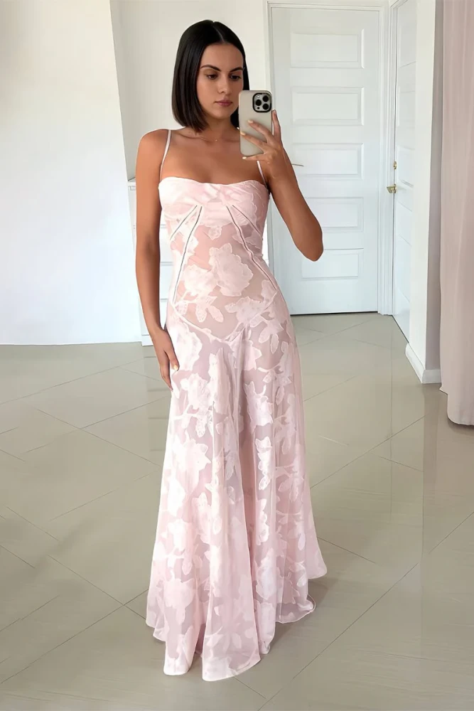 Imre | Pink - Sheath Satin Floral Spaghetti Straps Long Prom Dresses