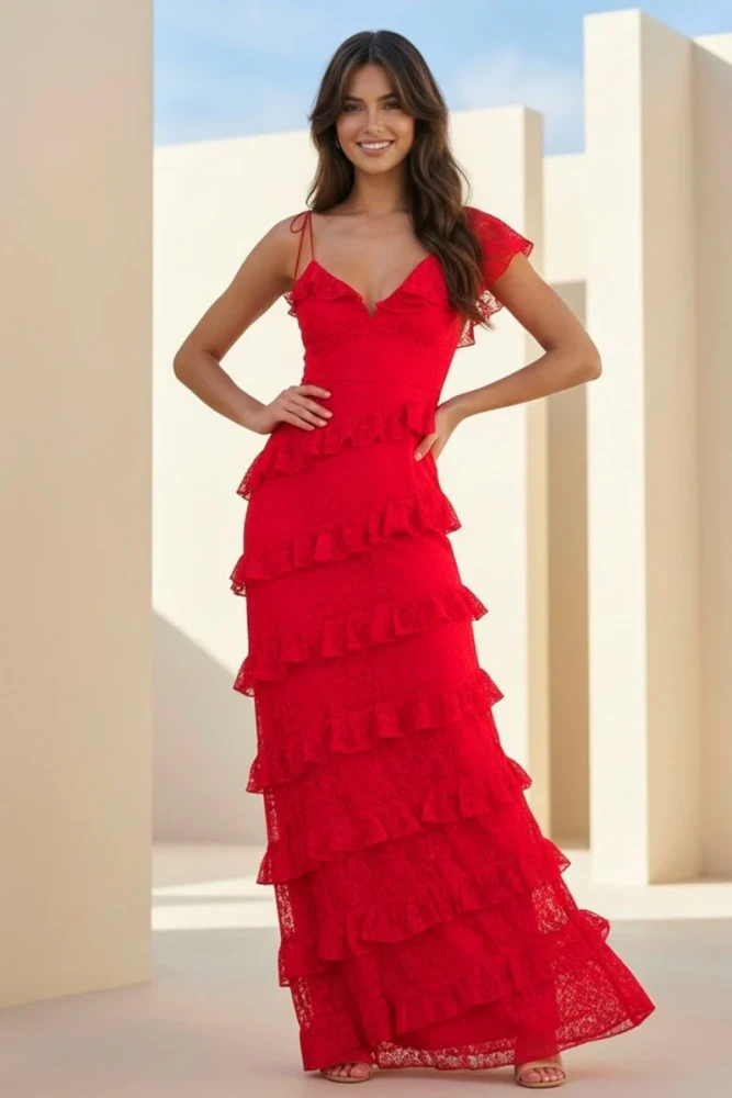 Iverie | Red Sheath V Neck Lace Long Prom Dresses With Ruffles