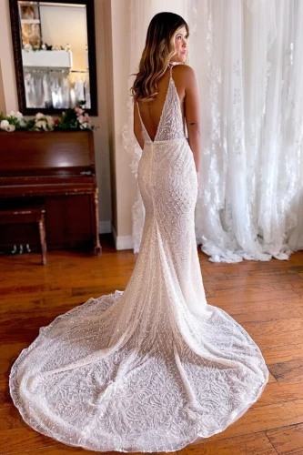 Jamie | Sparkly Mermaid White Lace Backless Sweep Train Long Wedding Dress