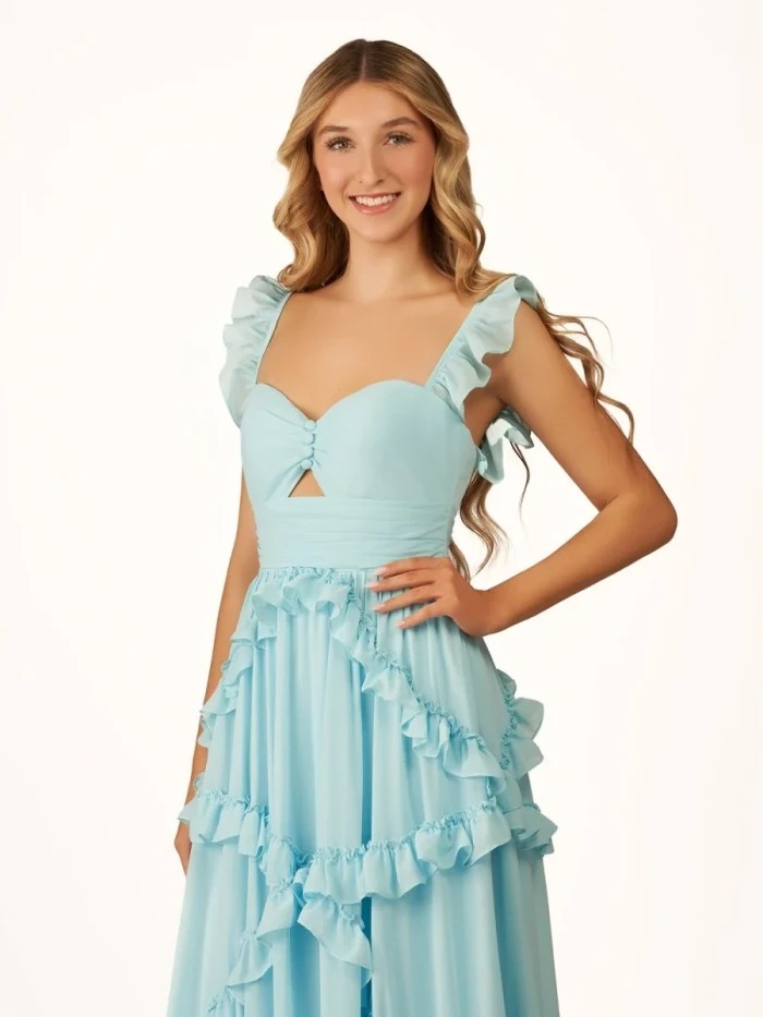 Hubery | A-Line Straps Sky Blue Chiffon Ruffles Long Prom Dress