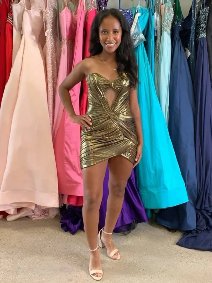 Helia | Gold - Strapless Bodycon Metallic Short Homecoming Dress With Keyhole