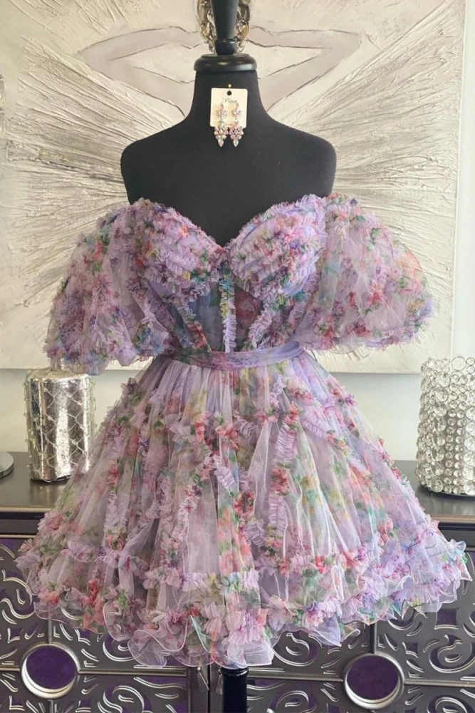 Ivana | Light Purple A Line Off the Shoulder Printed Homecoming Dress
