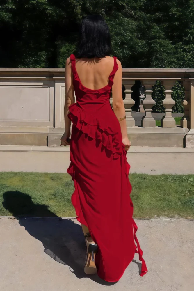Hopkins | Red - Square Neck Sheath Satin Ruffled Prom Dresses With Slit