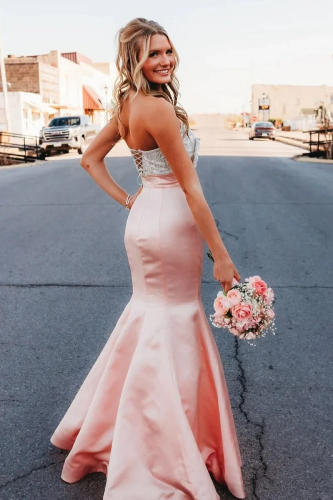 Gwenny | Pink - Mermaid Satin Strapless Long Prom Dresses with Beaded Bow