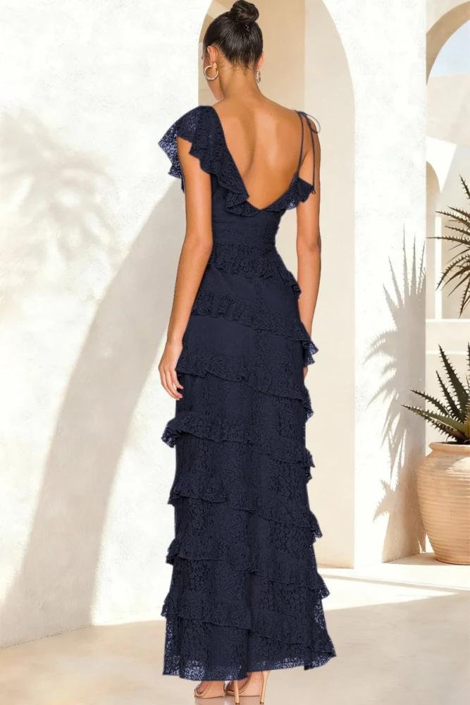 Iverie | Red Sheath V Neck Lace Long Prom Dresses With Ruffles