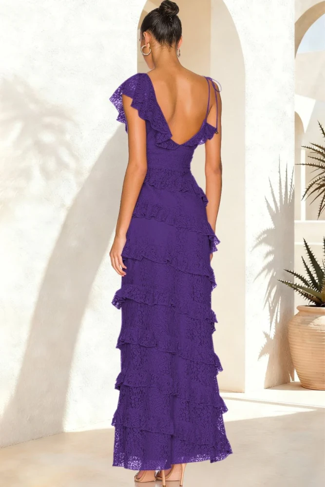 Iverie | Red Sheath V Neck Lace Long Prom Dresses With Ruffles
