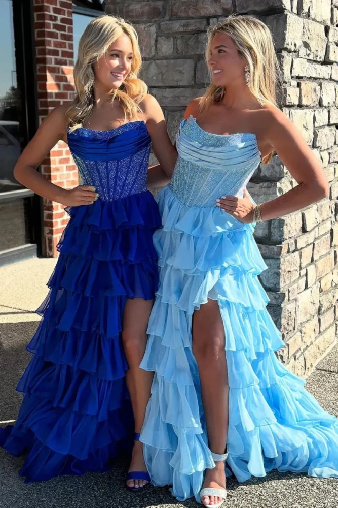 Hanya | Royal Blue - A Line Strapless Chiffon Beaded Corset Long Prom Dress With Slit