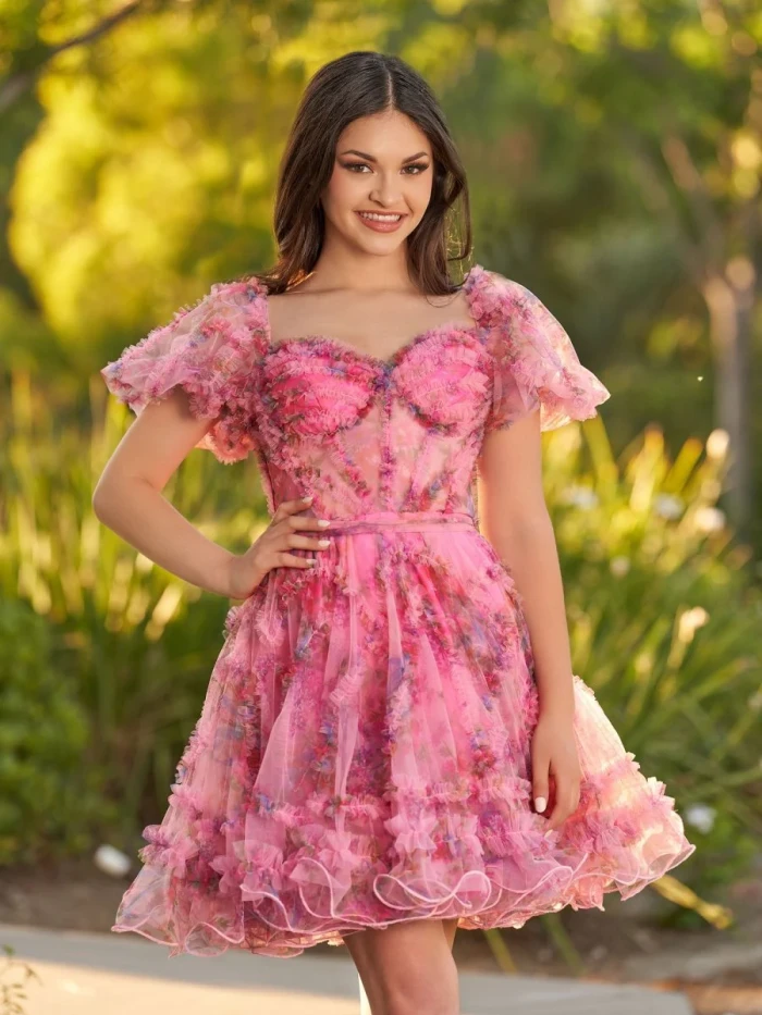 Ivana | Pink A Line Off the Shoulder Printed Homecoming Dress