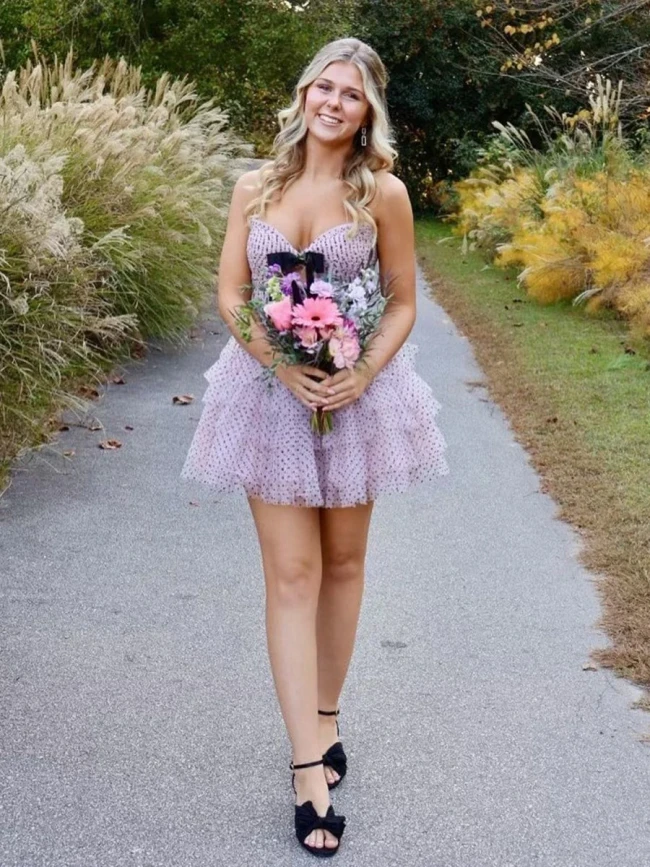 Haviah | Pink - A Line Strapless Dot Tulle Ruffle Homecoming Dresses With Bow