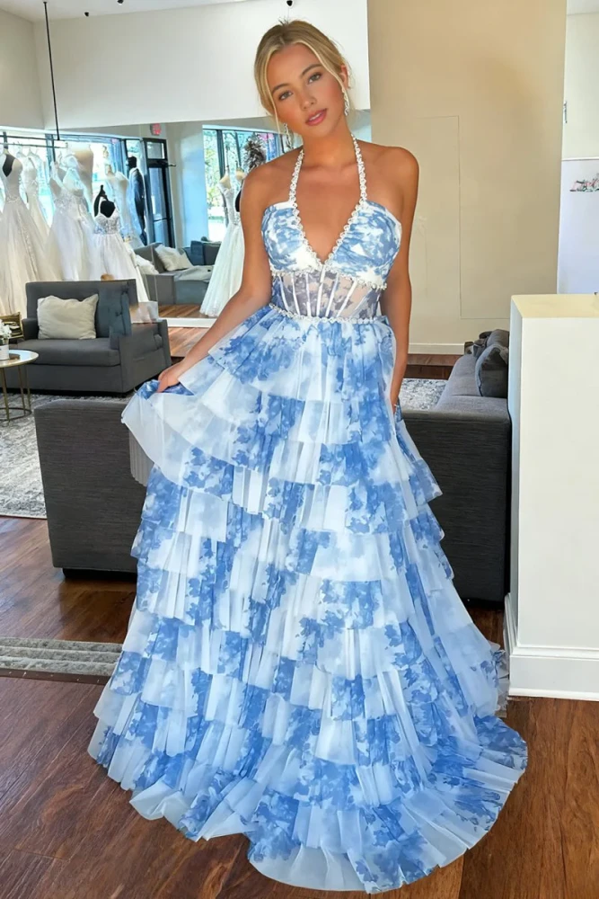 Inari | Blue – A Line Floral Tulle Halter Long Prom Dress with Ruffles and Beading