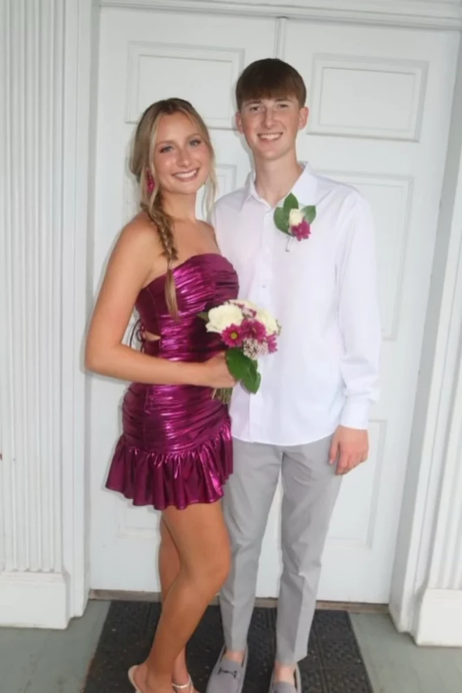 Jacinth | Magenta- Sheath Strapless Metallic Ruffles Pleated Short Homecoming Dress