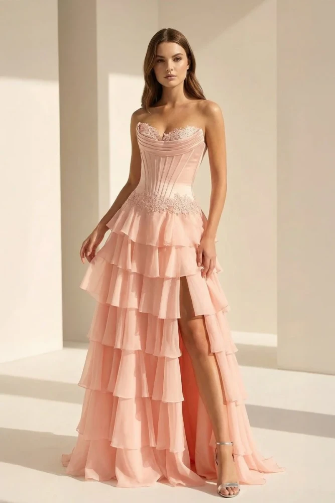 Jaleira | Pink - Sweetheart Chiffon Ruffled A Line Formal Prom Dresses With Appliques