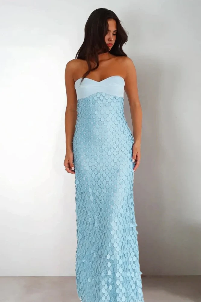 Islen | Blue - Sheath Strapless Long Prom Dresses with Sequins