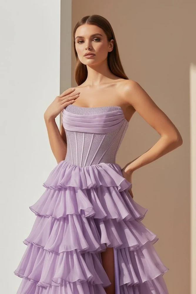 Hanya | Lavender - A Line Strapless Chiffon Beaded Corset Long Prom Dress With Slit