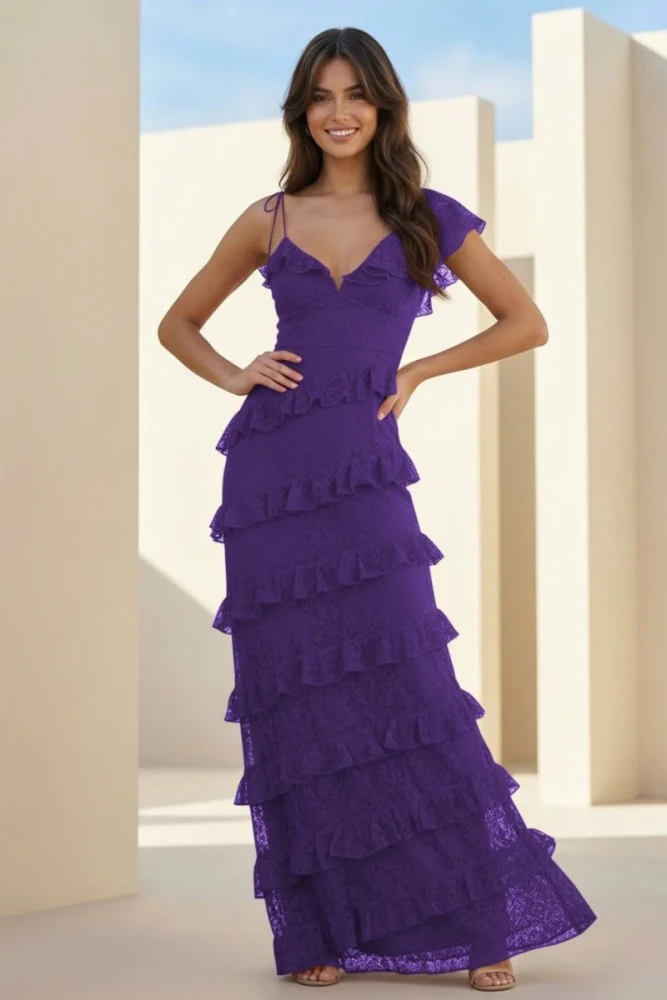 Iverie | Red Sheath V Neck Lace Long Prom Dresses With Ruffles