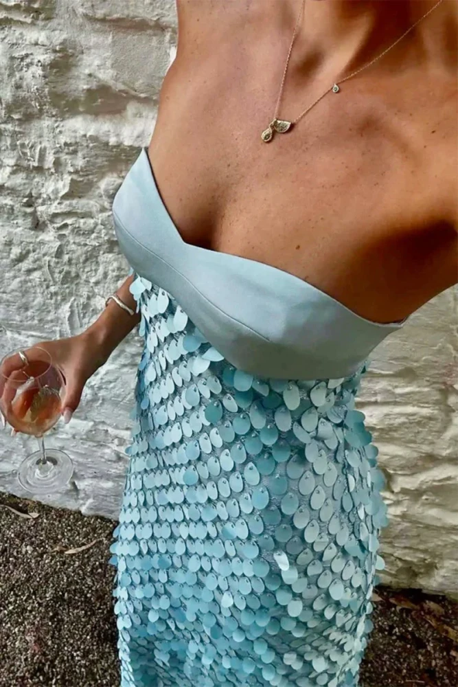 Islen | Blue - Sheath Strapless Long Prom Dresses with Sequins
