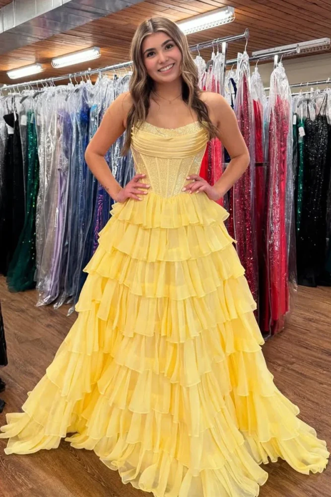 Hanya | Yellow - A Line Strapless Chiffon Beaded Corset Long Prom Dress With Slit