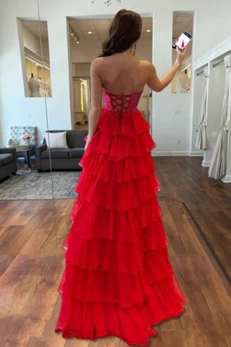 Hanya | Red - A Line Strapless Chiffon Beaded Corset Long Prom Dress With Slit