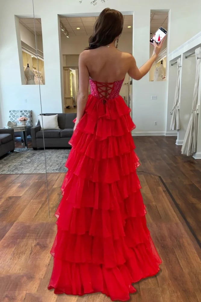 Hanya | Red - A Line Strapless Chiffon Beaded Corset Long Prom Dress With Slit