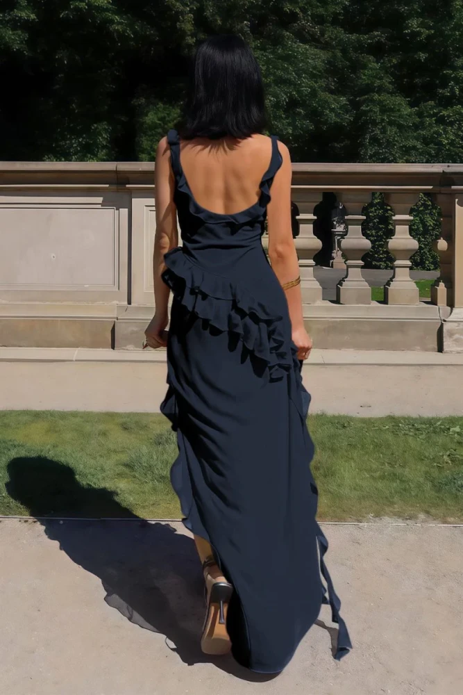 Hopkins | Red - Square Neck Sheath Satin Ruffled Prom Dresses With Slit