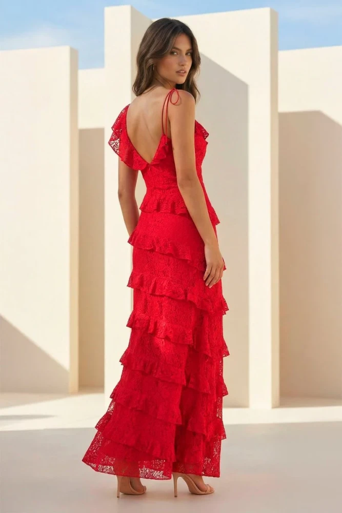Iverie | Red Sheath V Neck Lace Long Prom Dresses With Ruffles