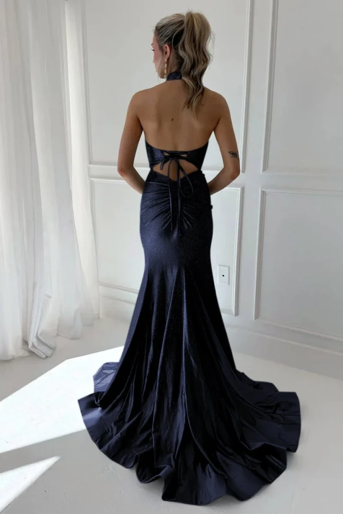 Harlin | Sky Blue - Halter Mermaid Satin Beaded Long Formal Prom Dresses With Slit